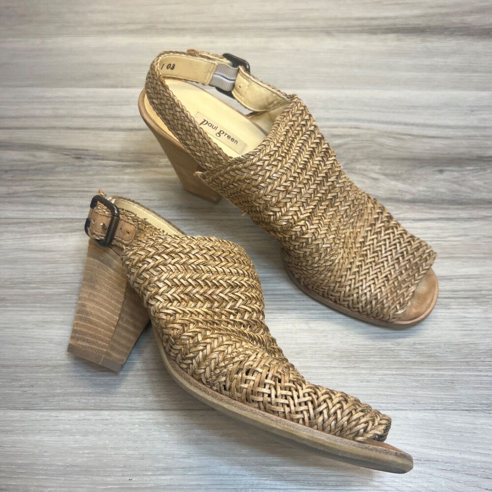 Paul Green Lovely Sandal Tan Woven Peep Toe Heeled Sandal Sz 6 US 8.5